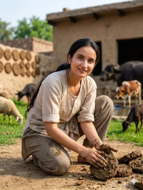Village Woman Shaping Dung Cakes
