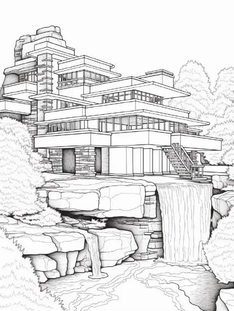 Fallingwater House Coloring Page Line Drawing for Kids