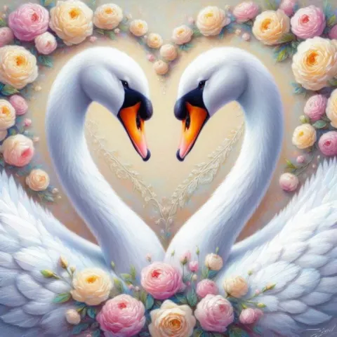 Two White Swans Forming Heart Pastel Oil Painting