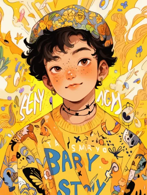 Boy in Yellow Shirt Grunge Folkloric Cartoon Portrait