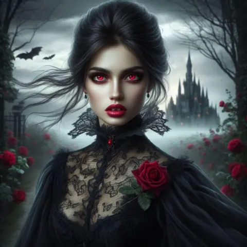 Vampire With Red Eyes and Black Lace by Spooky Castle