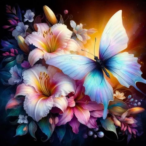 Daylilies Magnolias and White Butterfly Watercolor