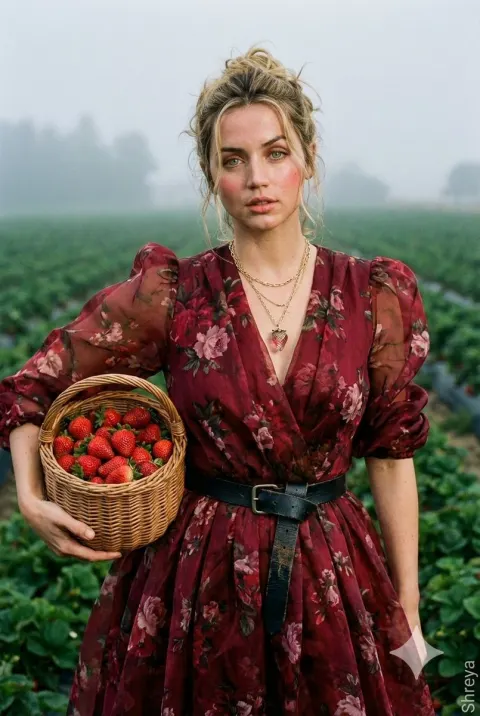 Cinematic Strawberry Harvest Fashion Portrait