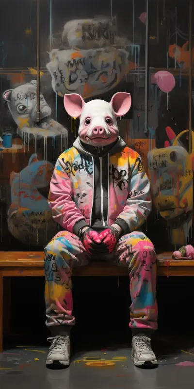 Astronaut in Pink Shoes With Stuffed Pig Street Art