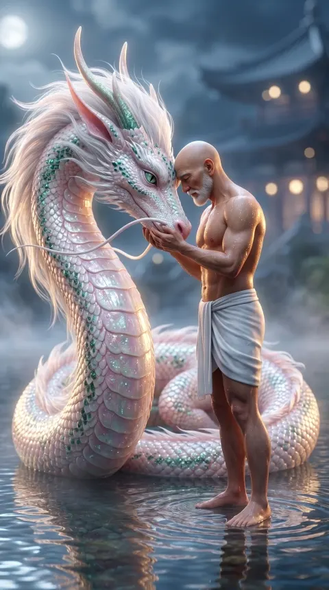 Man and Eastern Dragon Intimate Encounter
