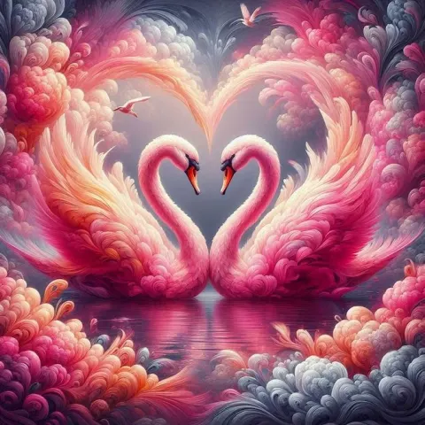 Vivid Pink Swan Pair Heart Pose Luxury Digital Painting
