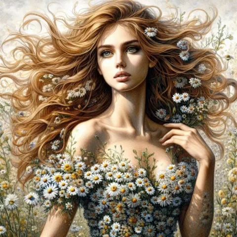 Woman in Dark Daisy Dress Dancing Wildflower Watercolor
