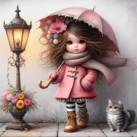 Girl in Pink Coat With Floral Umbrella Oil Painting