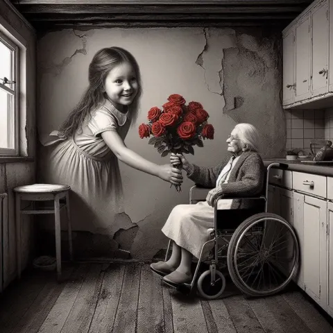 Old Lady in Wheelchair Gazing at Painting 1900s Kitchen