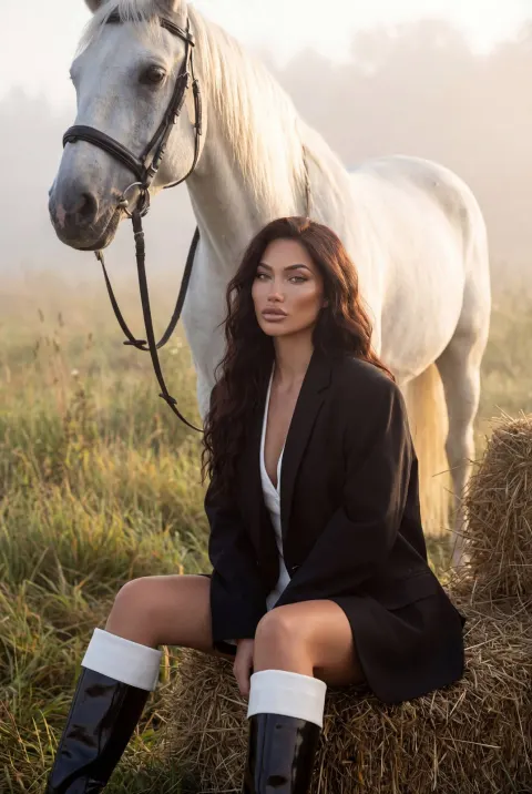 Cinematic Luxury Fashion Portrait With White Horse