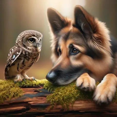 German Shepherd and Owl Meeting on Mossy Log Painting