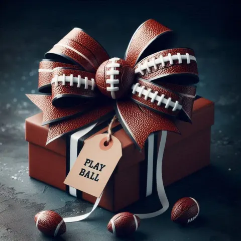 Football Leather Bow on Gift Box With Play Ball Tag