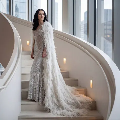Silver Feather Gown on Grand Staircase