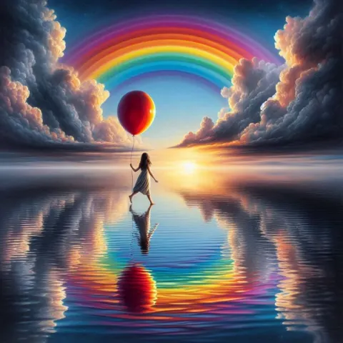 Hyperreal Girl With Red Balloon and Rainbow Sea Sky