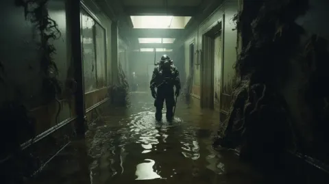 Vintage Deep Sea Diver in Flooded Hospital Hallway