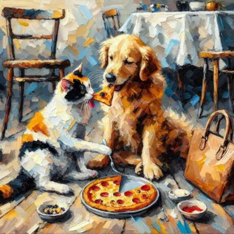 Expressionist Cat and Retriever Sharing Pizza Painting