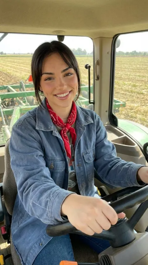 Smiling Woman Drives Green Tractor