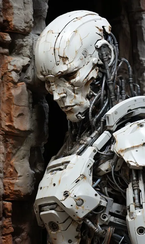 Weathered Mecha Warriors in Snowy Ravine Painting