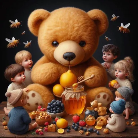 Children Watching Golden Teddy Bear Eat Fruit and Honey
