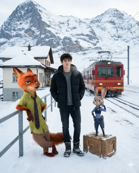 Cinematic Alpine Winter Journey with Animated Friends