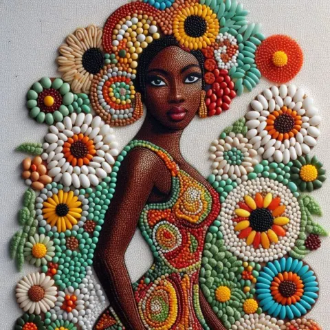 Jelly Bean Mosaic Portrait of African Woman in Batik