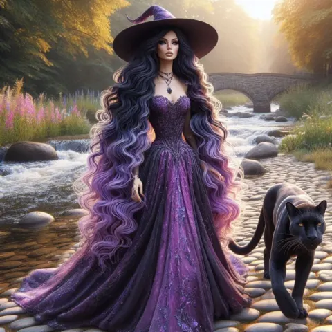 Purple Haired Witch Walking Stream Bank With Panther