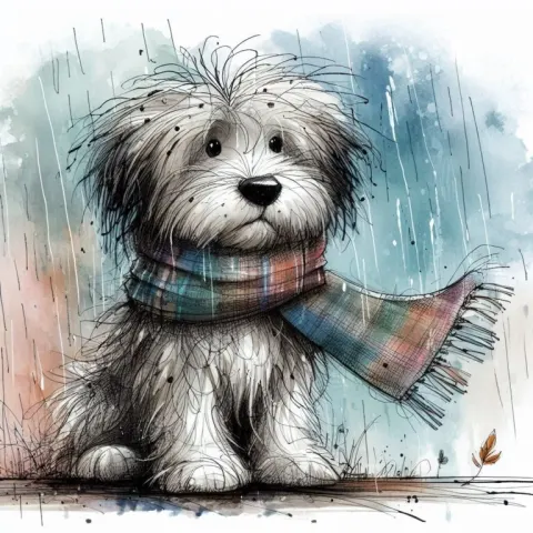 Cartoon Sheepdog in Scarf Sitting in the Rain