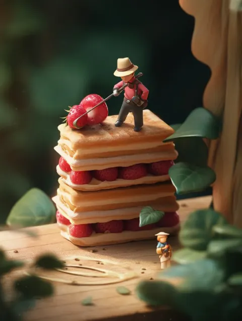 Tiny Workers on Giant French Dessert Macro Scene