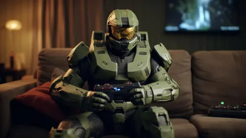 Master Chief Playing Xbox on Couch Cinematic Shot