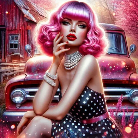 Airbrush Woman With Fuchsia Bob and Polka Dot Dress