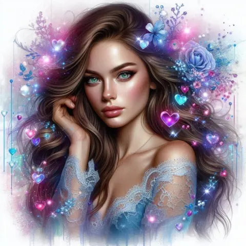 Glossy Airbrush Woman in Lace Top With Heart Motifs