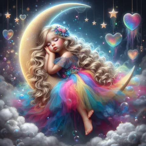 Blonde Toddler Asleep on Crescent Moon in Tulle Dress