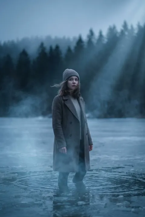 Lone Woman on Frozen Lake at Dusk