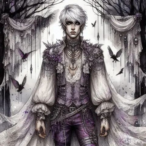 Gothic Hippie Vampire With White Hair in Brom Style