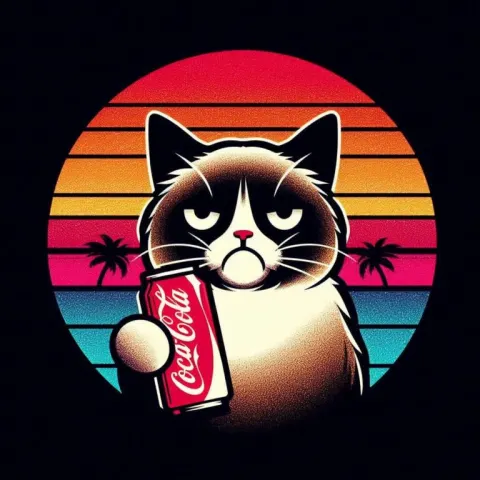 Grumpy Cat Silhouette With Cola Against Retro Sunset