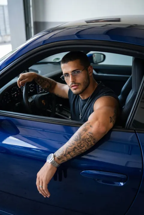 Tattooed Man In Sports Car Portrait