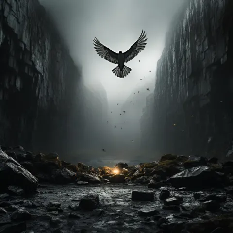 Bird Over Rock in Ominous Minimalist Symmetry