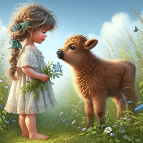 Little Girl Sharing Love With Furry Calf in Meadow