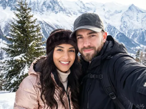 Snowy Mountain Couple Selfie