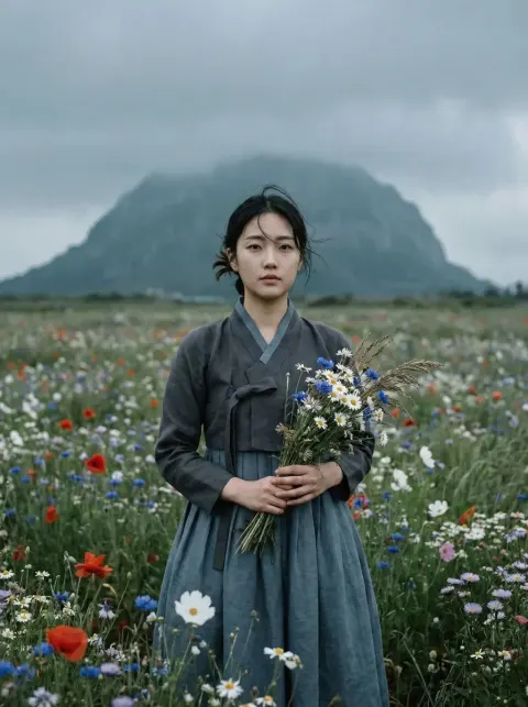Cinematic Hanbok Portrait in Wildflowers