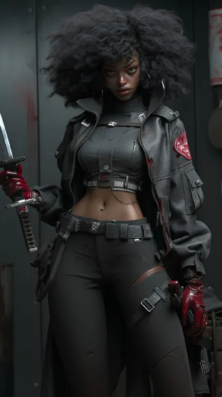 Dystopian Cyberpunk Afro Samurai Woman Attacking