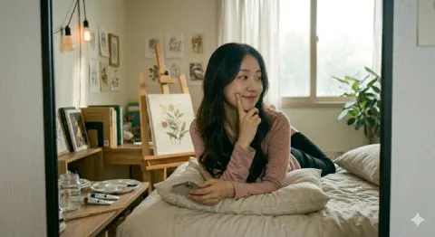 Creative Selfies In Cozy Art Bedroom