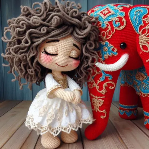 Crochet Girl With Arabesque Patterned Red Elephant