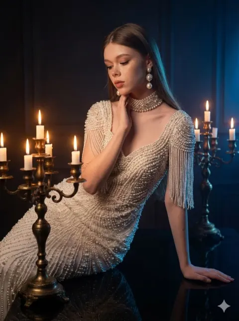 Pearl Gown Candlelit Portrait