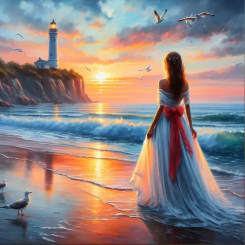 Woman in White Dress Facing Lighthouse at Sunset