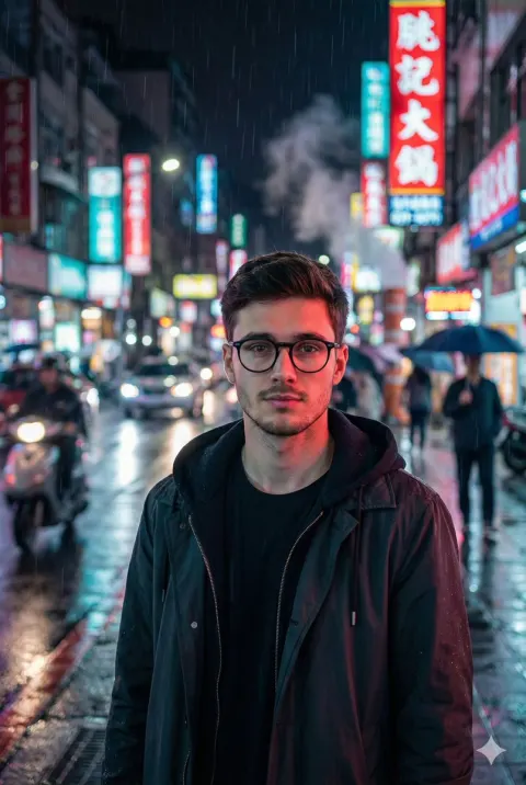 Neon Rain Portrait Man
