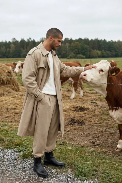 Cinematic Rural Man And Cow Portrait