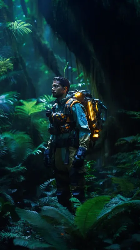 Future Scout With Drones in Bioluminescent Alien World