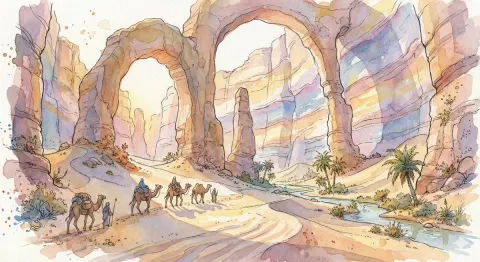 Fantasy Desert Canyon Watercolor Caravan