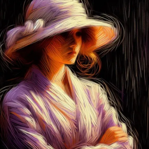 Impressionist Woman in White Hat and Lavender Robe